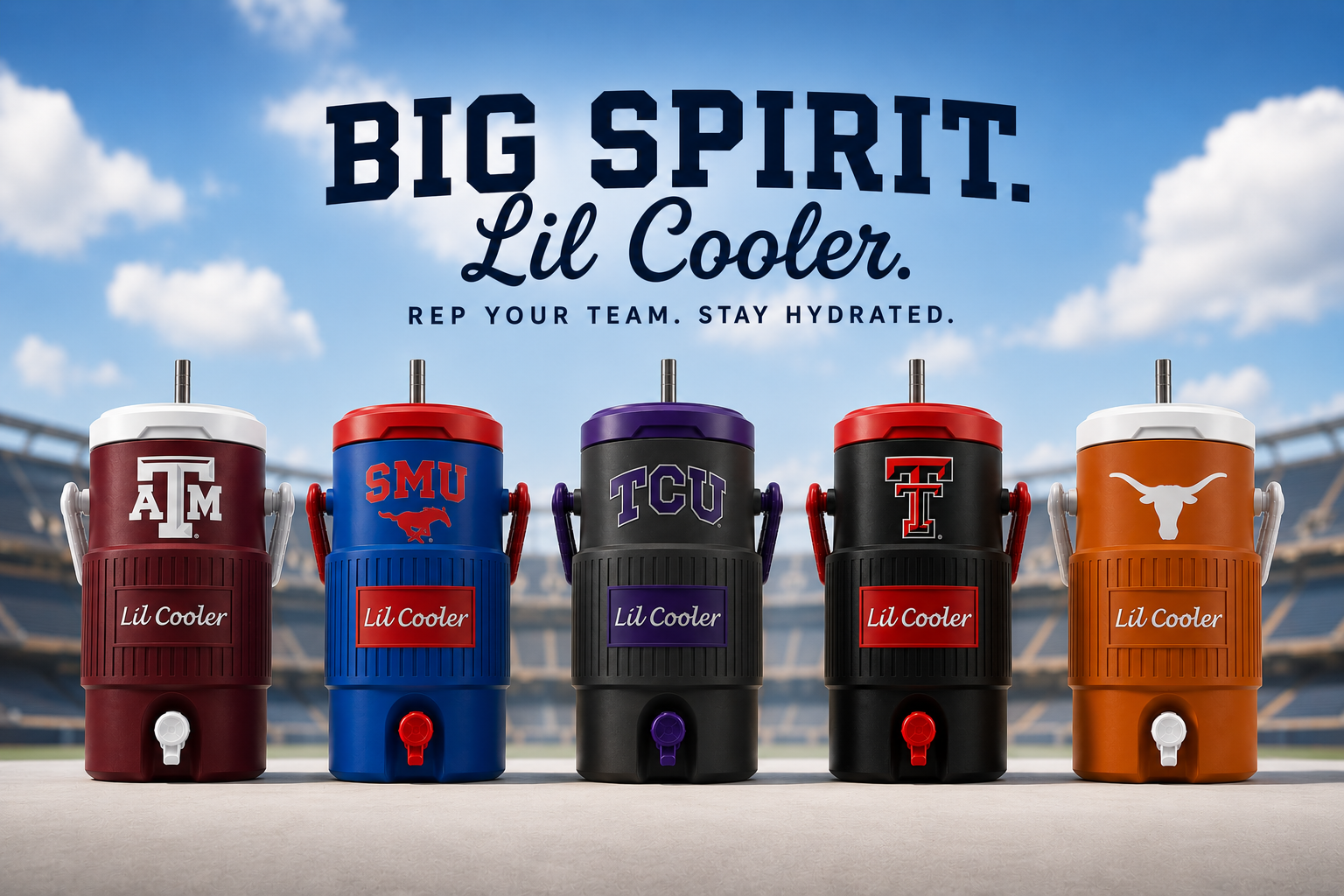 Lil Cooler college collection — Texas A&M, SMU, TCU, Texas Tech, and Texas Longhorns coolers in a stadium